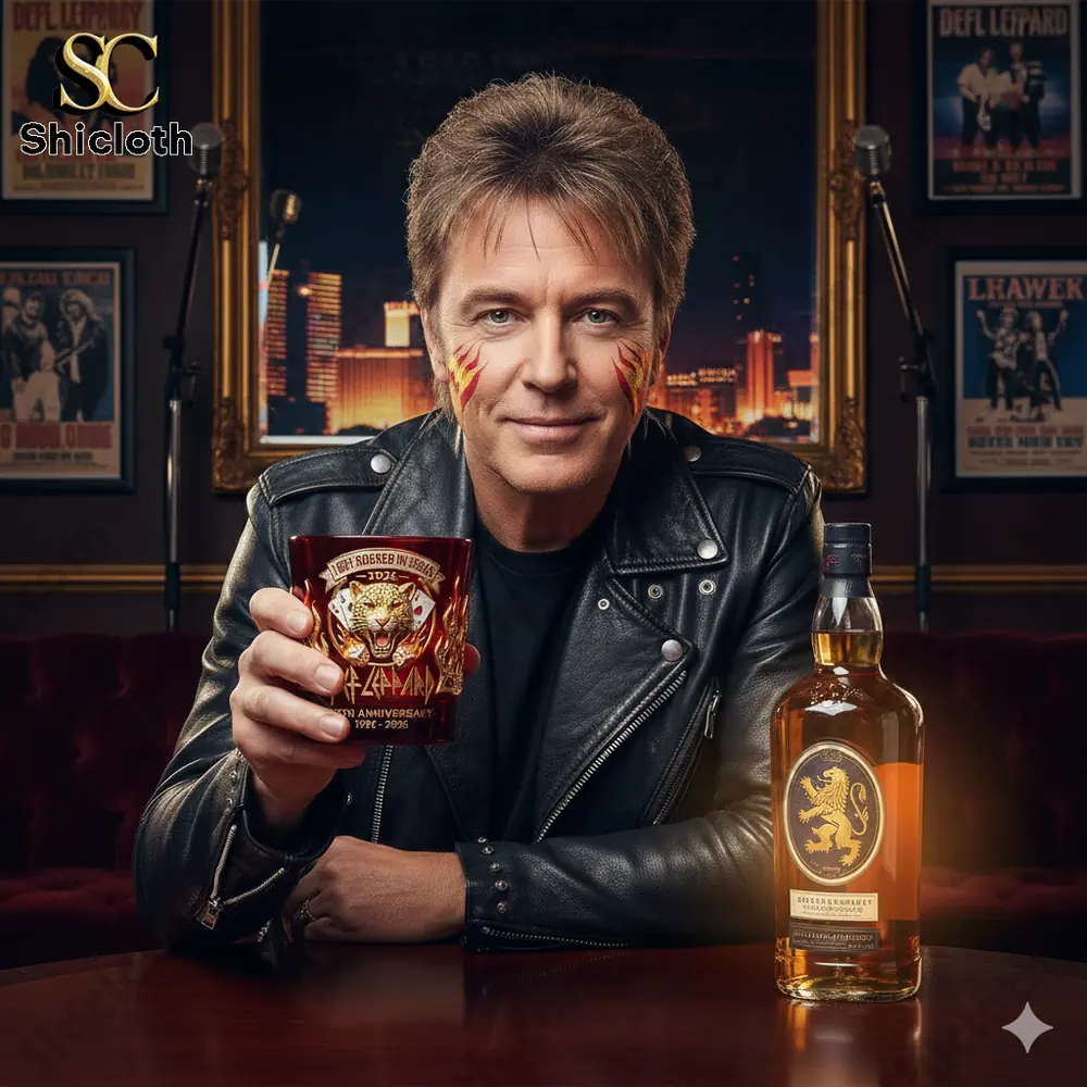 Rock styled man holding a Def Leppard anniversary whiskey glass at a bar!