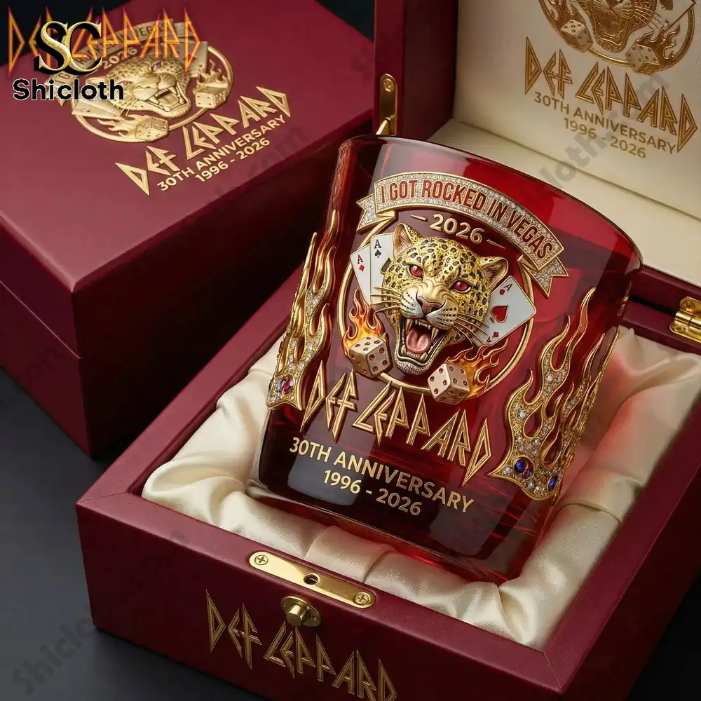 Def Leppard anniversary whiskey glass displayed inside a luxury gift box!