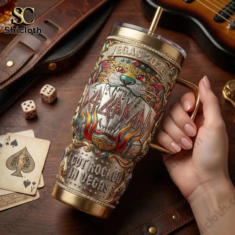 Def Leppard Vegas 2026 40oz YETI Tumbler With Handle 3 Def Leppard Vegas tumbler held in hand near guitar!