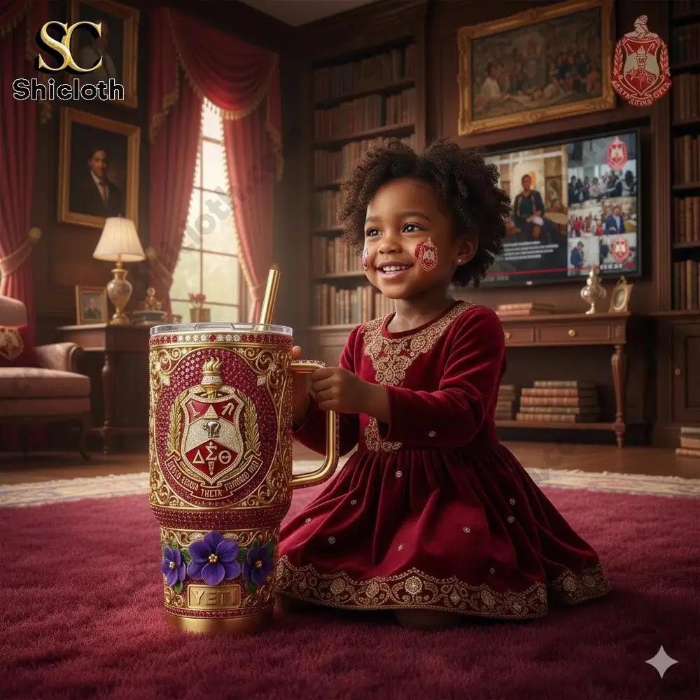 Luxury Yeti tumbler with ornate crest beside smiling child in elegant room!