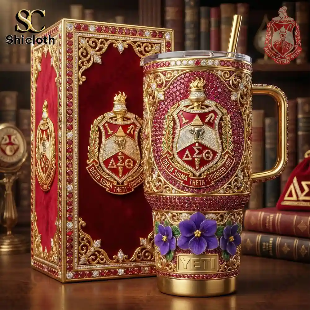 Ornate Yeti tumbler with luxury gift box on wooden table!