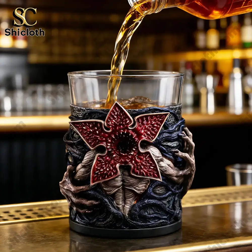 Whiskey being poured into a horror themed sculpted whiskey glass at a bar!