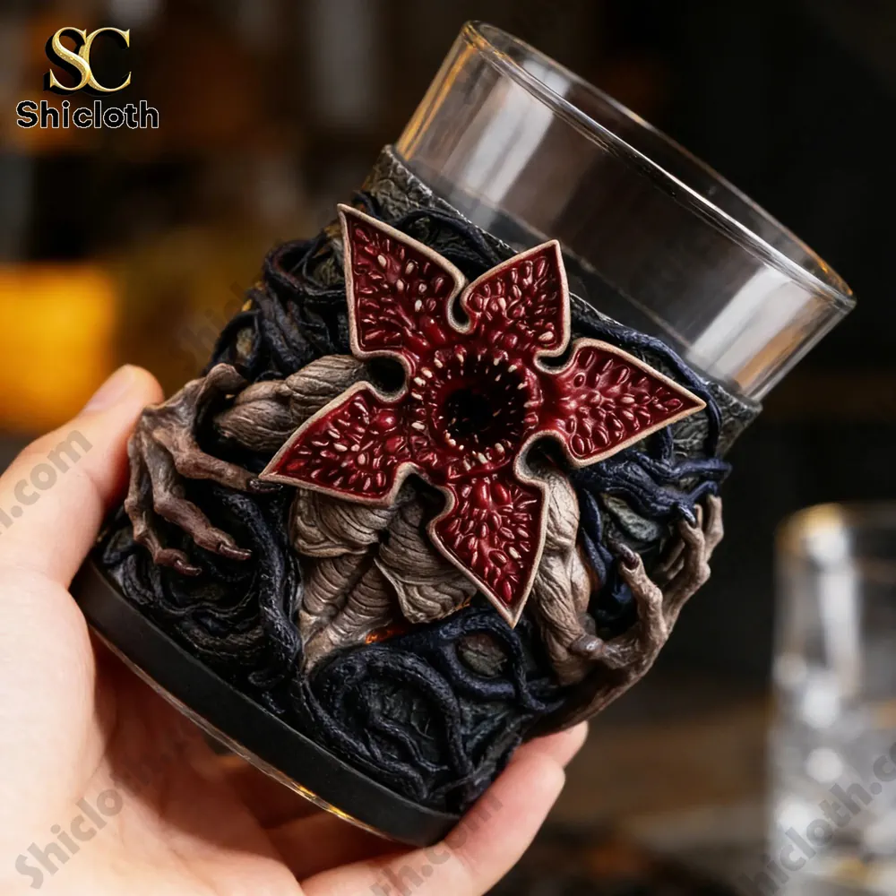 Demogorgon Sculpted Whiskey Glass 4 Angled view of a horror themed sculpted whiskey glass with detailed front design!