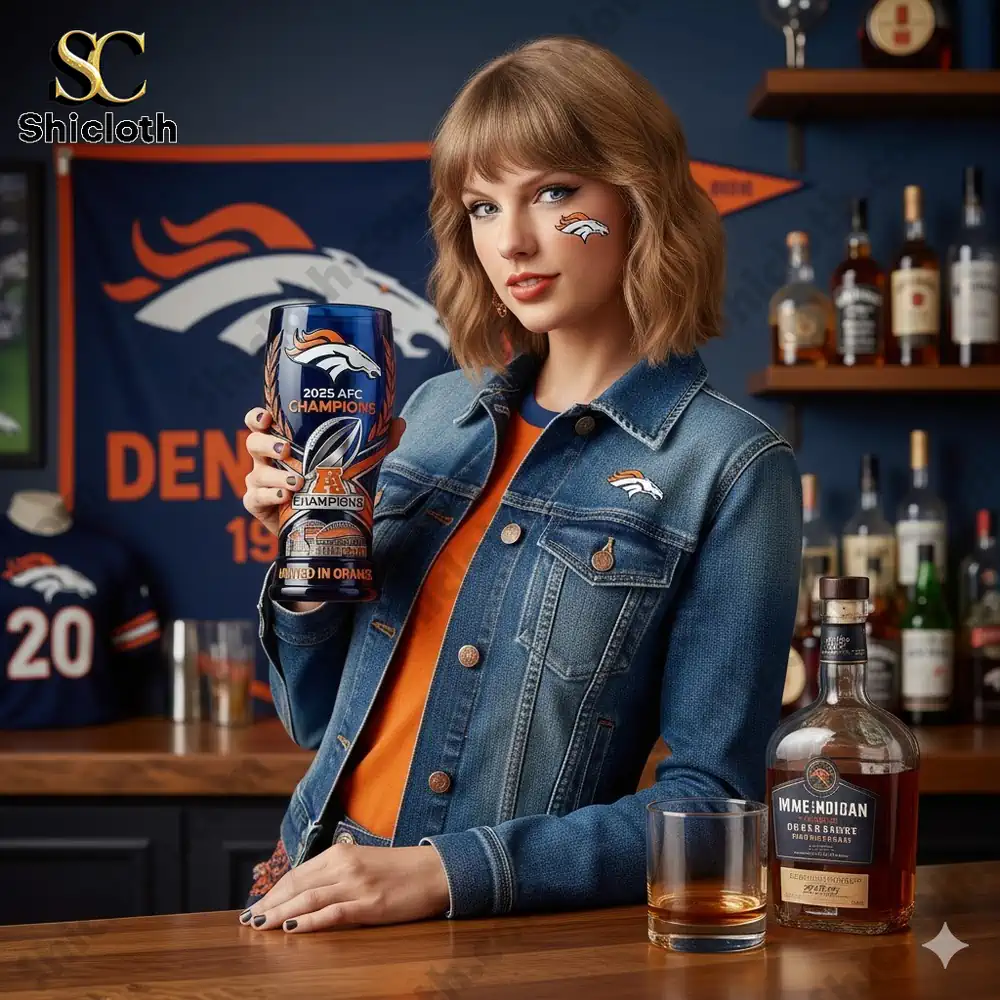 A woman holding a Denver Broncos themed championship glass at a bar!