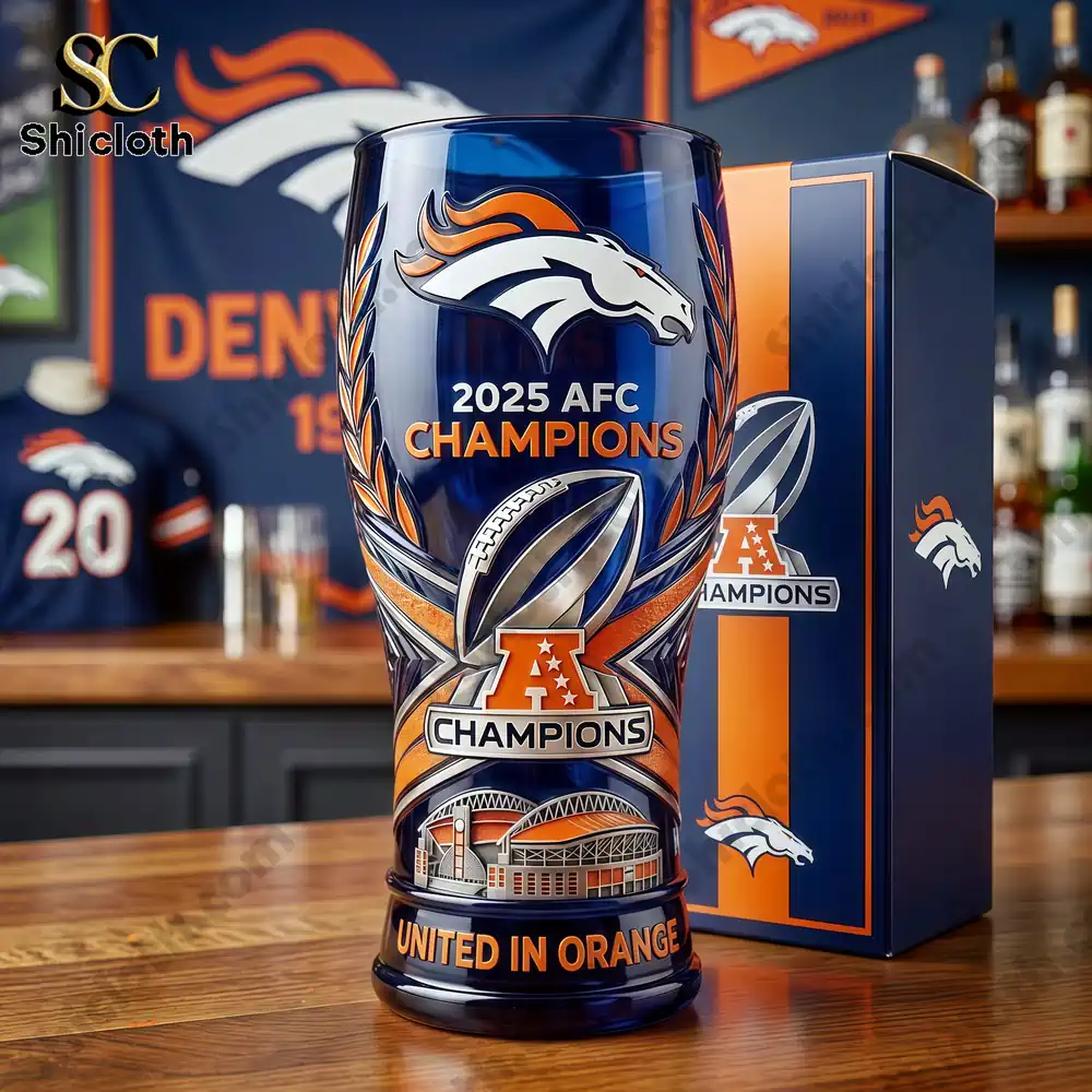 A Denver Broncos themed championship glass displayed with its box!