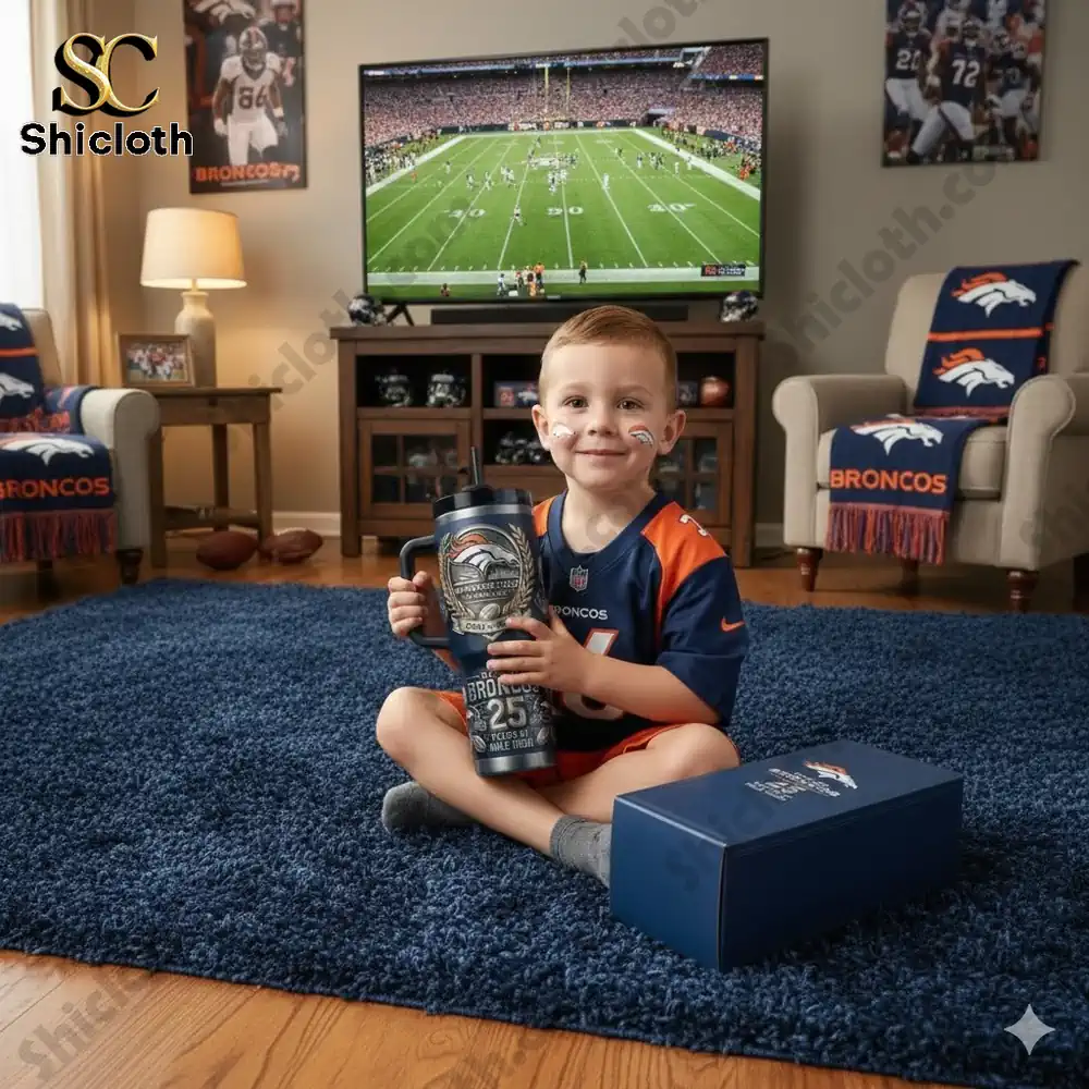 Child holding Denver Broncos tumbler in living room!