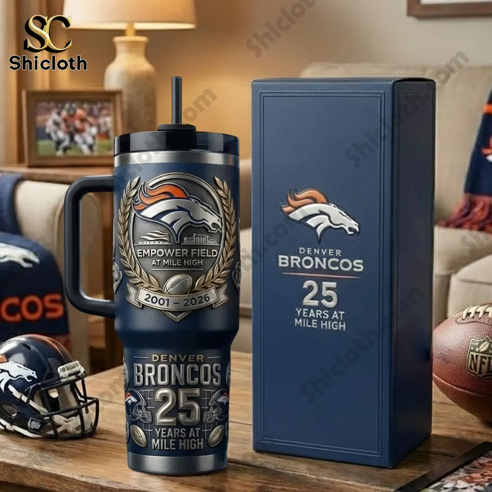 Denver Broncos tumbler with gift box on table!
