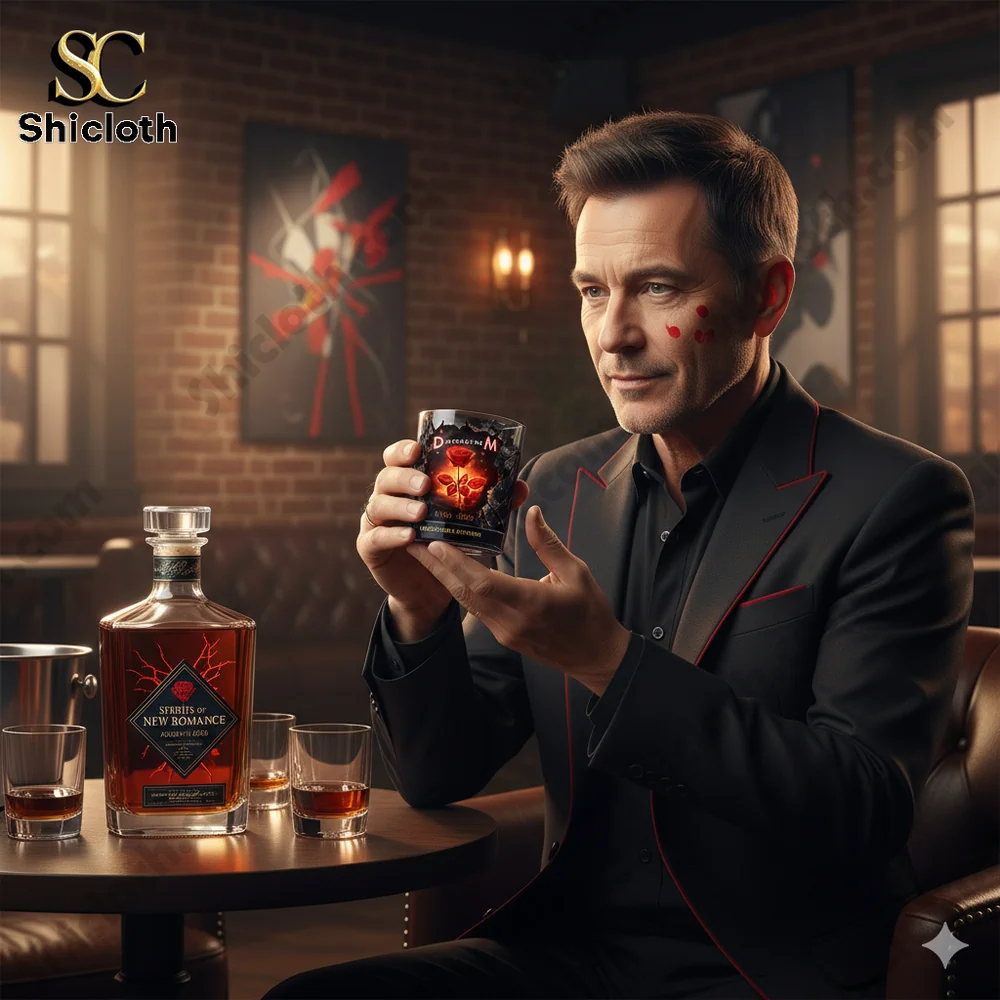 Elegant man holding a Depeche Mode inspired whisky glass in a luxury lounge!