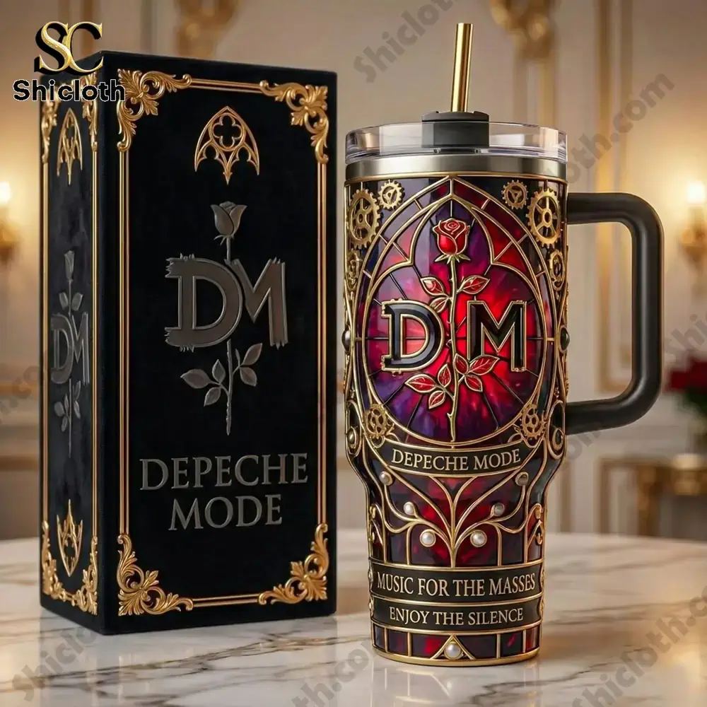 Woman enjoying a Depeche Mode concert video while drinking from a themed handle tumbler!