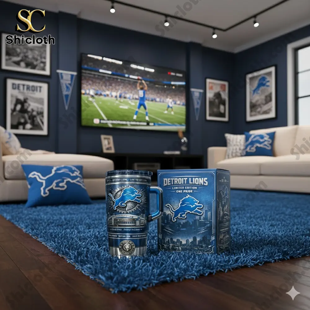 Detroit Lions anniversary tumbler in fan themed living room!