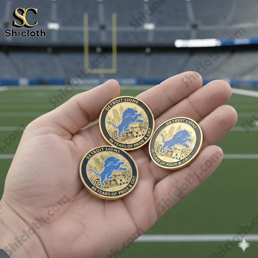 Detroit Lions commemorative coins held in hand on football field!