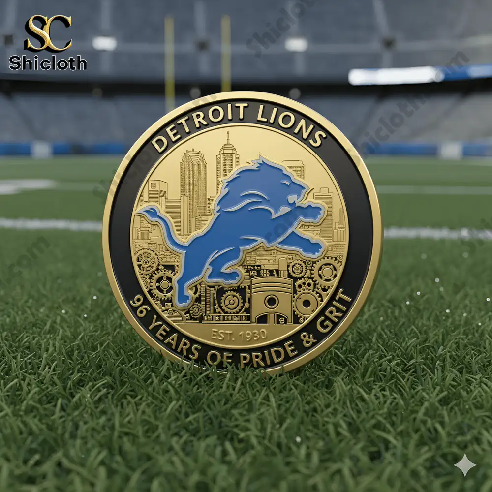 Detroit Lions commemorative coin standing on football field grass!