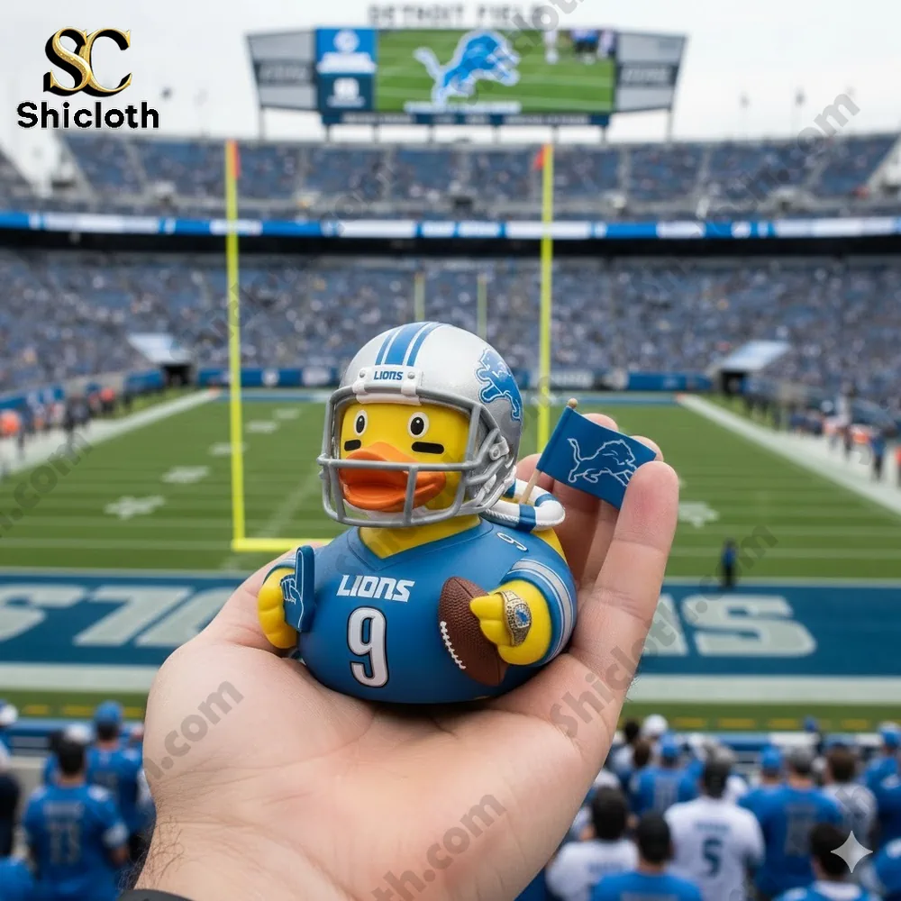 Dolly Parton's 80th Anniversary 1946-2026 Collectible Pop Figure Doll 90 Detroit Lions rubber duck fan holding football in stadium.
