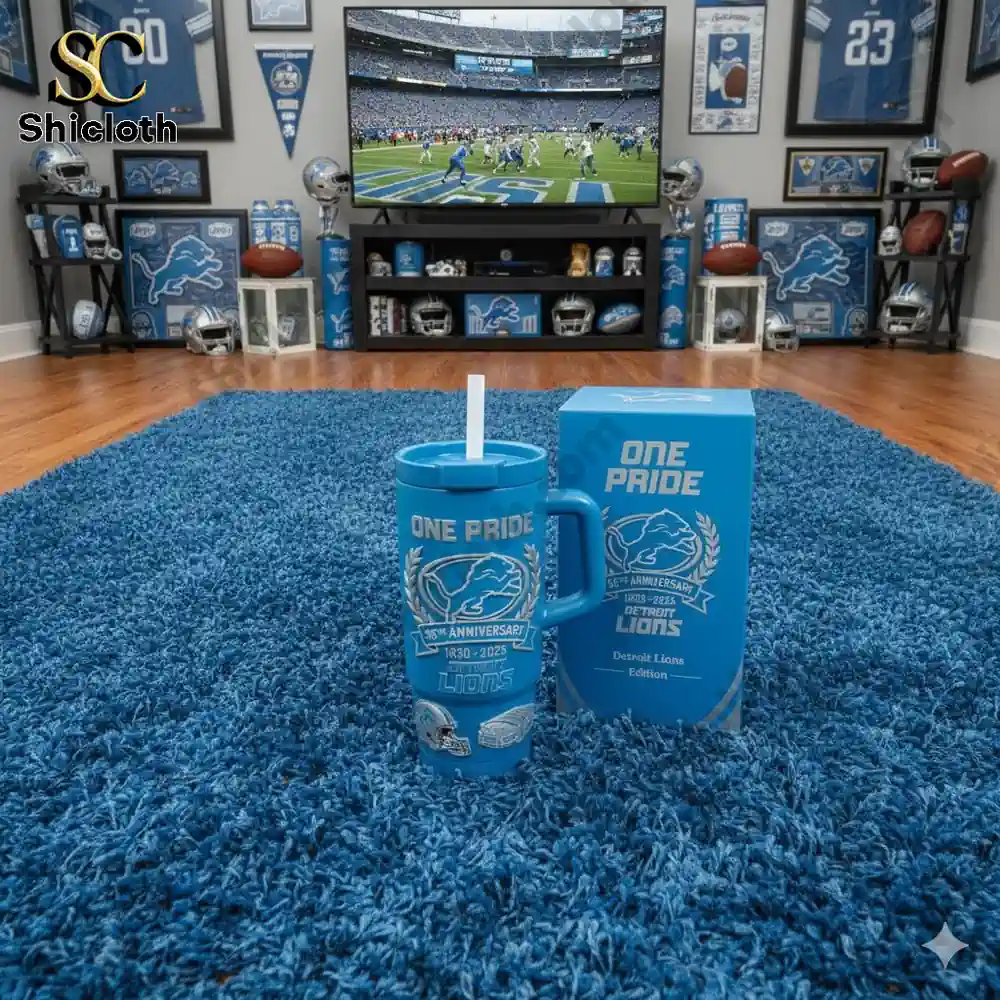 Detroit Lions tumbler displayed in a fan living room with team decor!