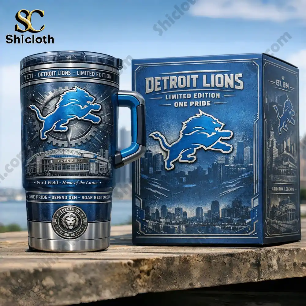 Detroit Lions tumbler with matching box displayed outdoors!