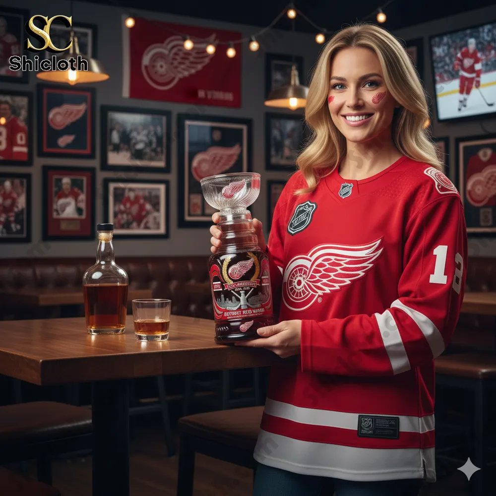 A smiling woman in a Detroit Red Wings jersey holding a commemorative whiskey bottle!