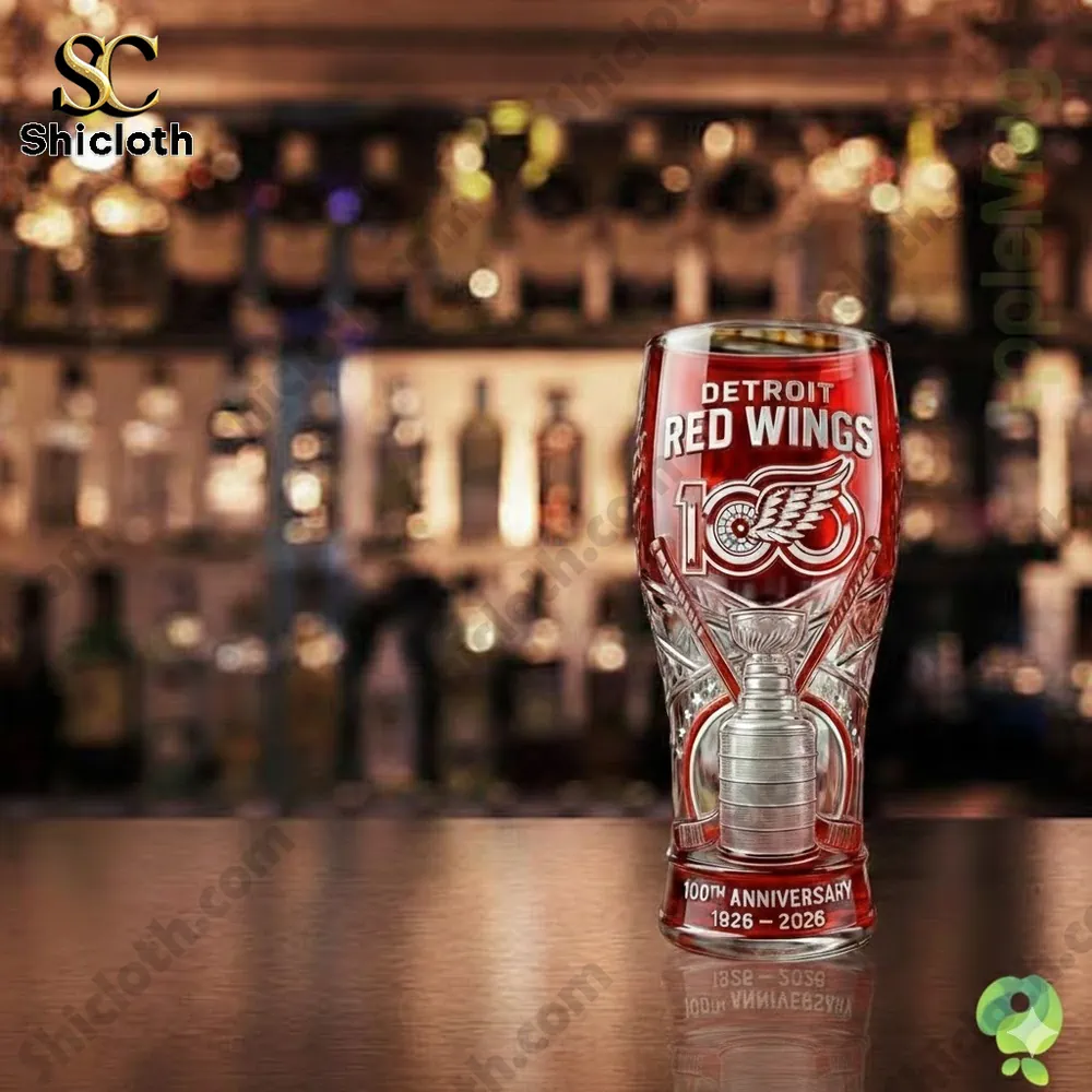 Detroit Red Wings anniversary beer glass on bar counter!