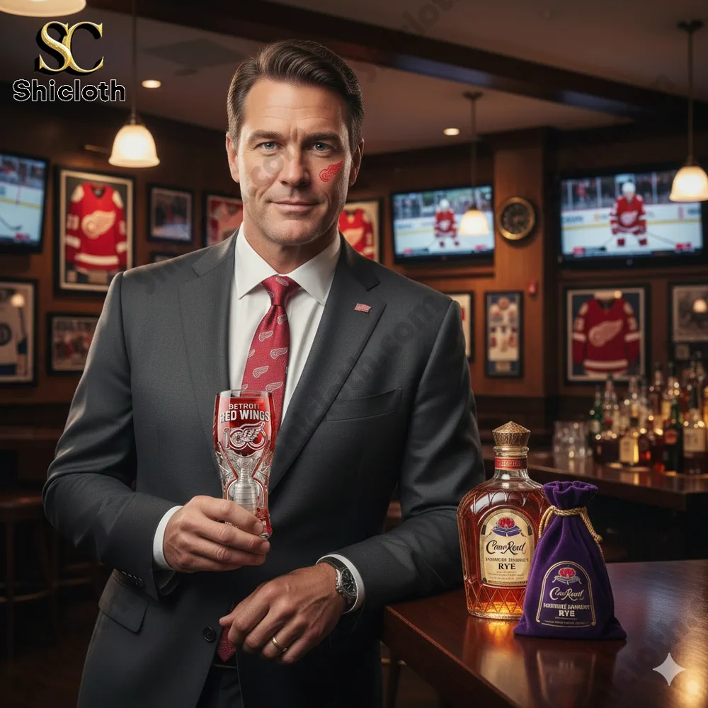 Man in suit holding Detroit Red Wings beer glass in sports bar!