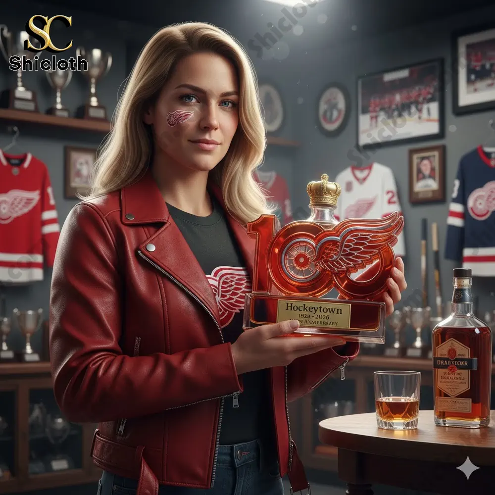 Woman holding a Hockeytown anniversary whiskey bottle in a hockey themed room!