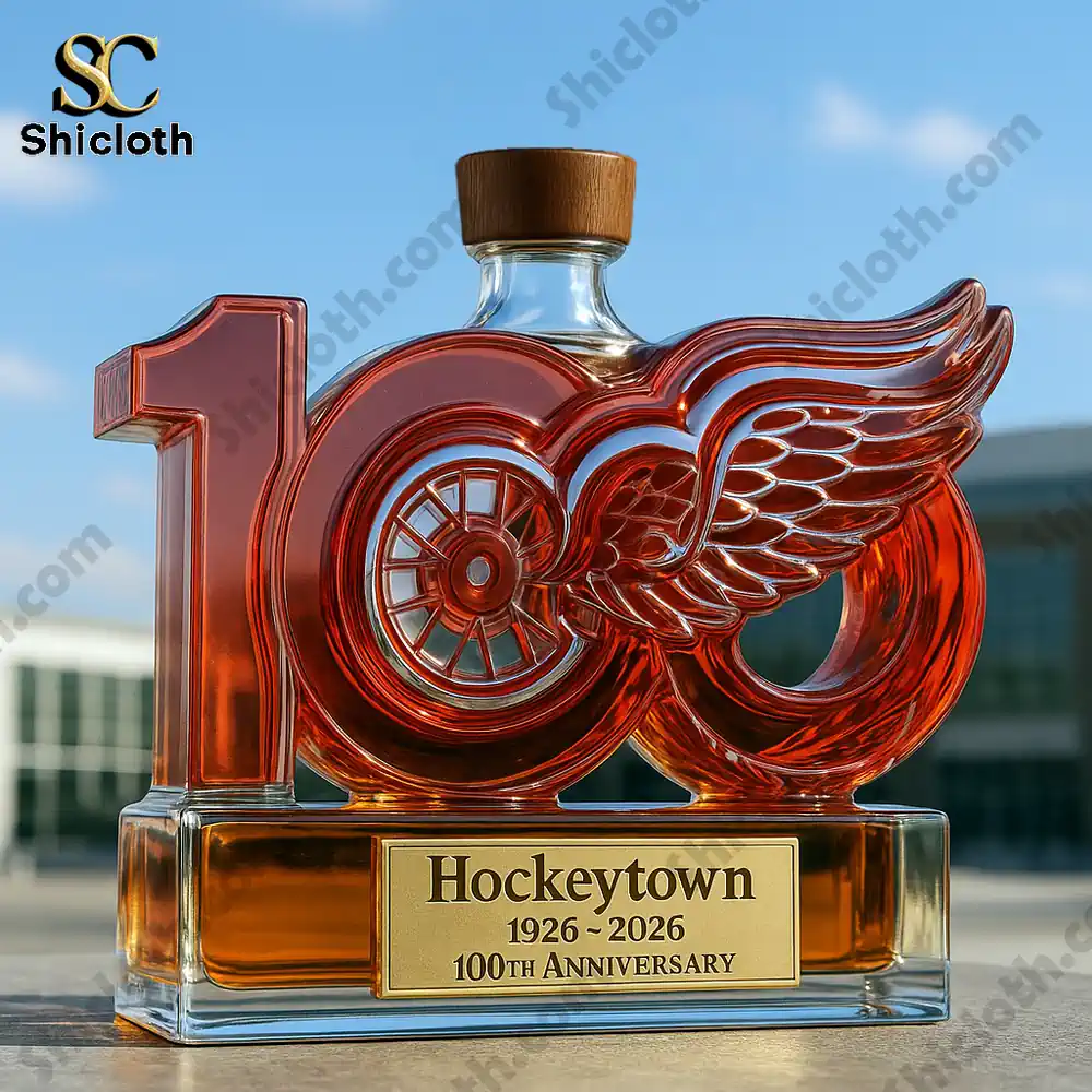 Hockeytown anniversary whiskey bottle with wooden cap outdoors!