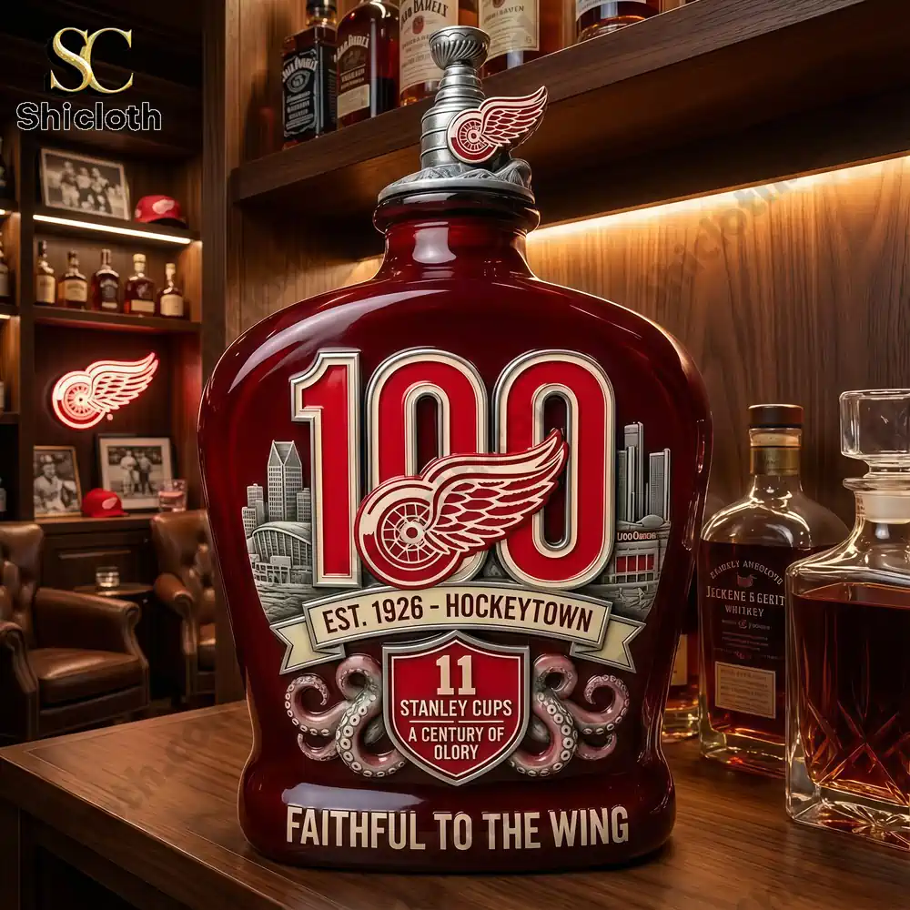 Detroit Red Wings HockeyTown 100th Anniversary 1926-2026 Whiskey Bottle 3 Red wings centennial whiskey decanter on luxury bar shelf!