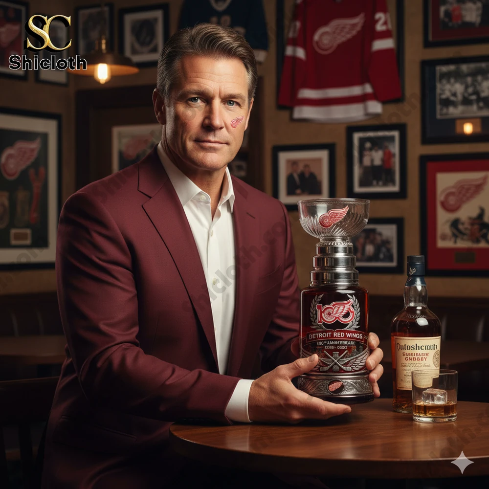 Man in red suit holding Detroit Red Wings anniversary whiskey bottle in sports bar setting!