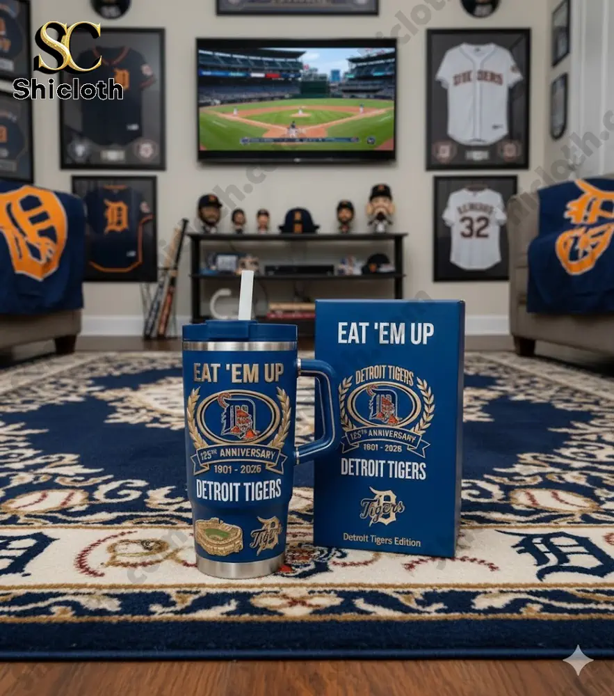 Detroit Tigers anniversary tumbler and box in home fan room!