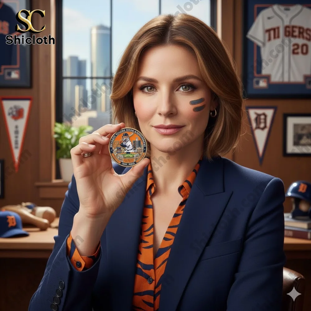 Woman holding Detroit Tigers anniversary coin indoors!