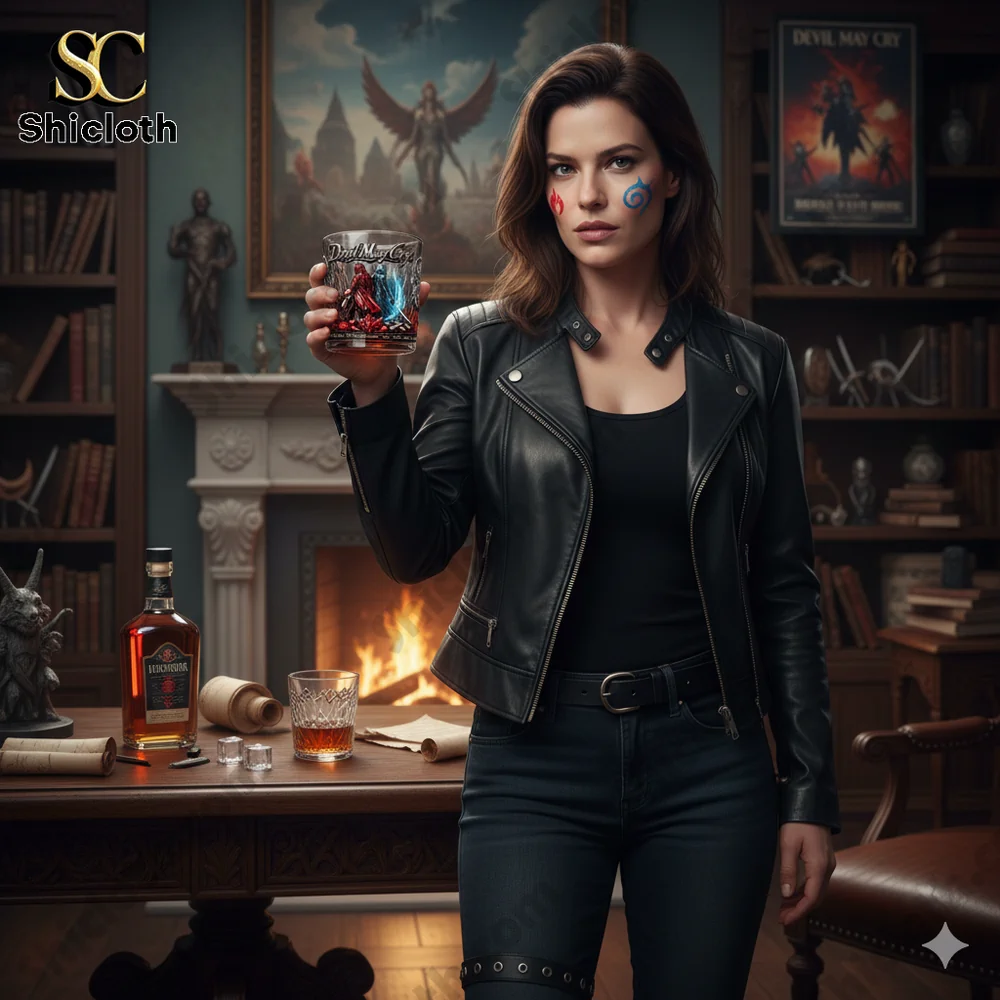A woman holding a Devil May Cry themed glass in a stylish room!