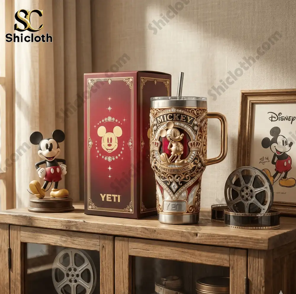 Luxury Mickey YETI tumbler with ornate gold design on wooden shelf by Shicloth!