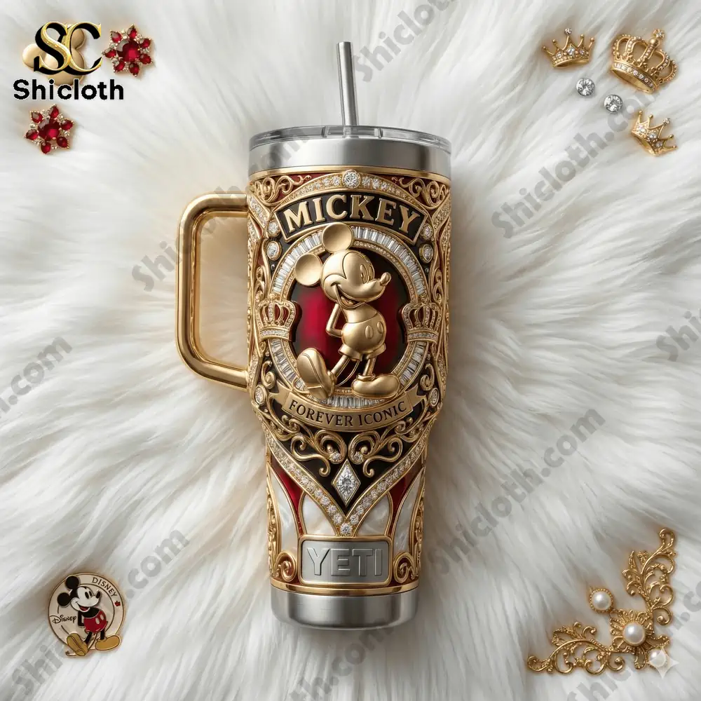 Mickey YETI tumbler with gold detailing photographed on white fur background by Shicloth!