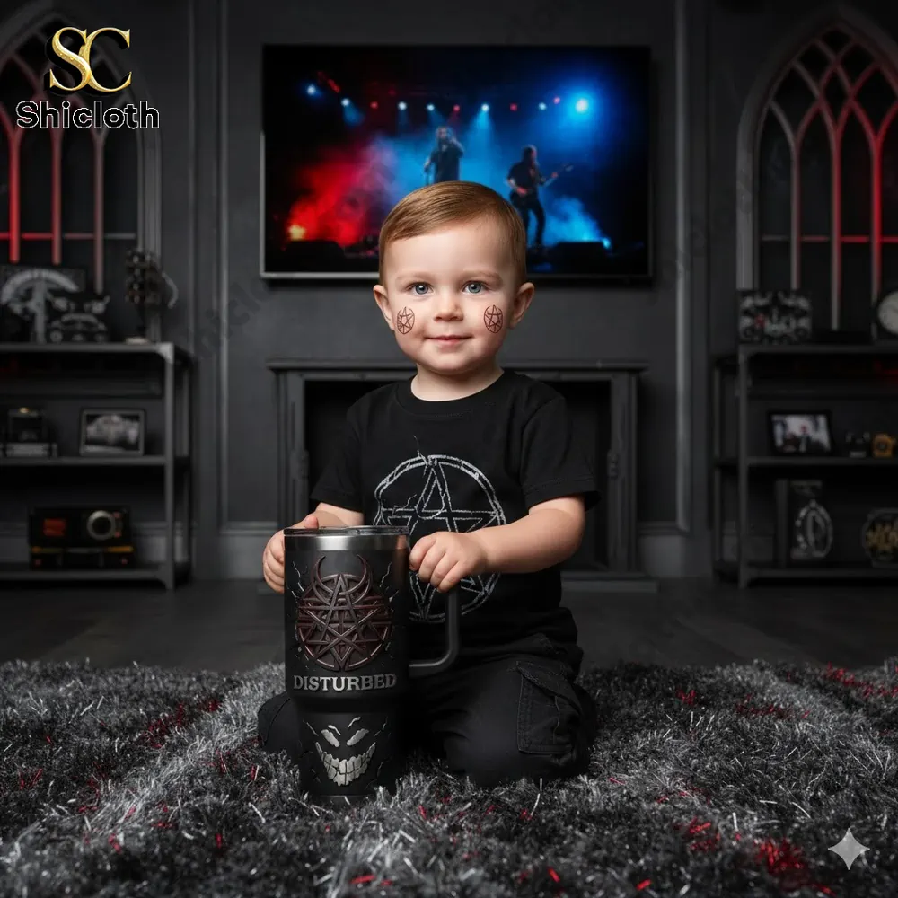 Baby holding Disturbed black tumbler in dark rock style room.