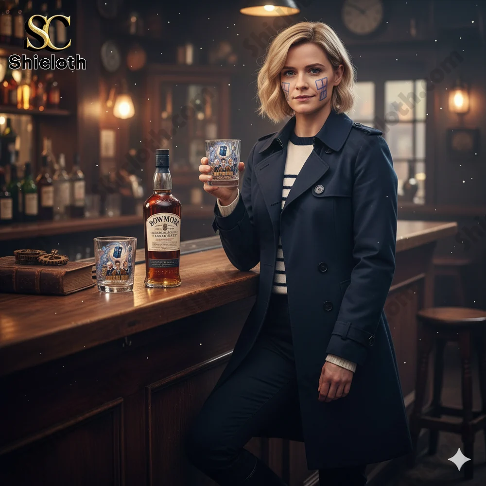 Woman holding a Doctor Who themed whiskey glass at a classic bar!