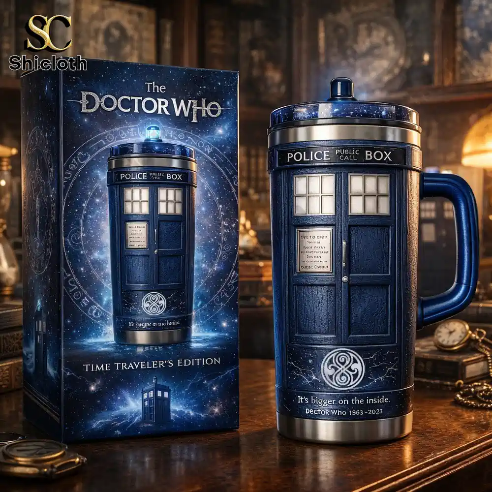 Doctor Who Tardis travel mug with box on wooden table!