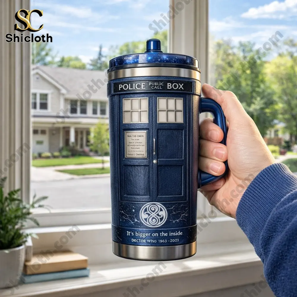 Hand holding Doctor Who Tardis travel mug near window!