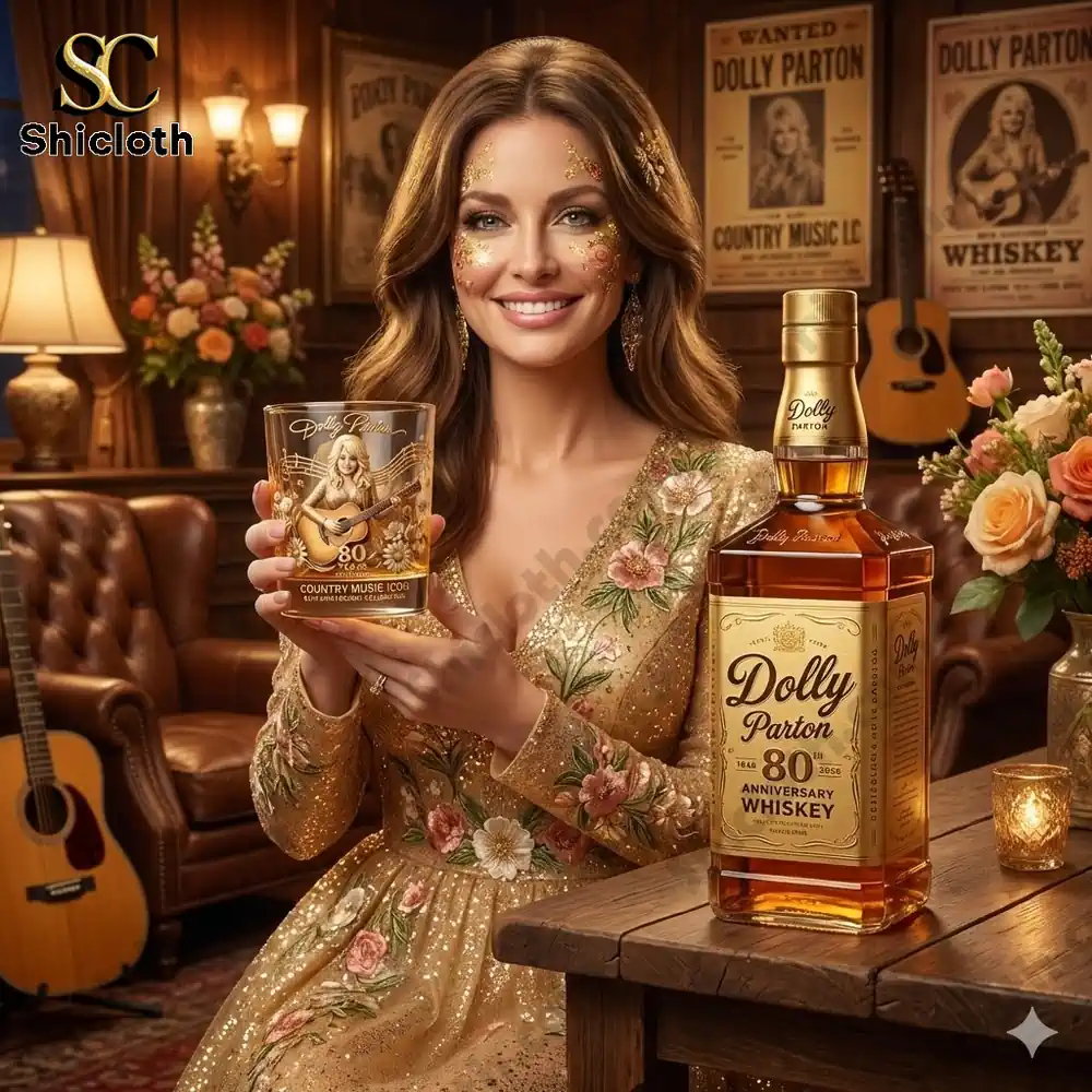 Woman presenting commemorative whiskey bottle and glass in country music room!