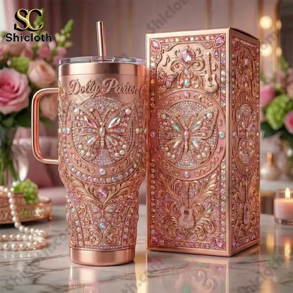 Rose gold Dolly Parton tumbler with decorative box on table