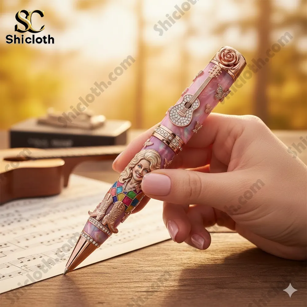 Luxury pink pen with guitar details held while writing on sheet music!