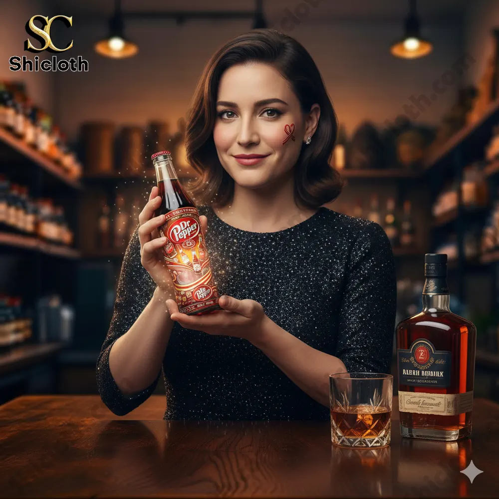 Woman holding a Dr Pepper bottle at a stylish bar counter!