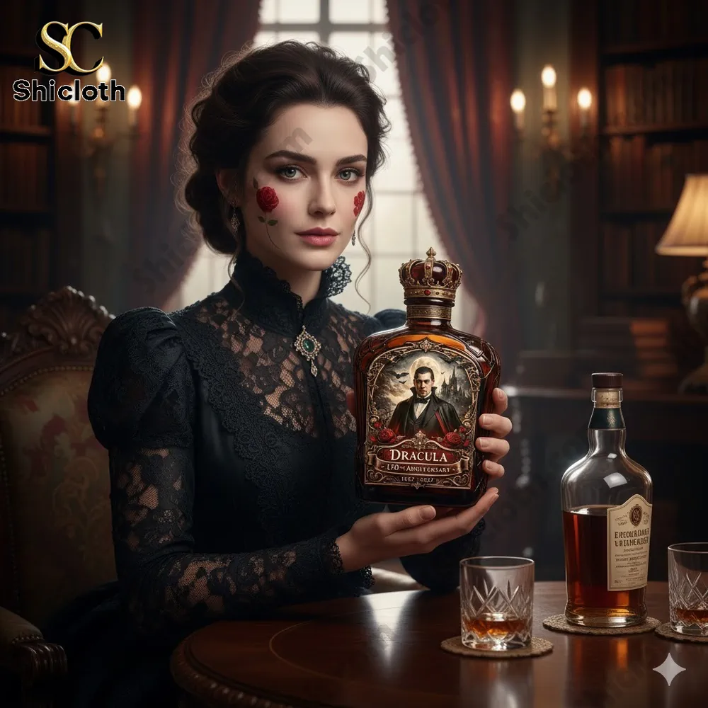 Gothic woman holding ornate Dracula anniversary bottle!