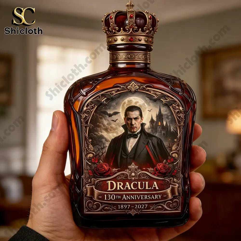 Hand holding detailed Dracula anniversary bottle!
