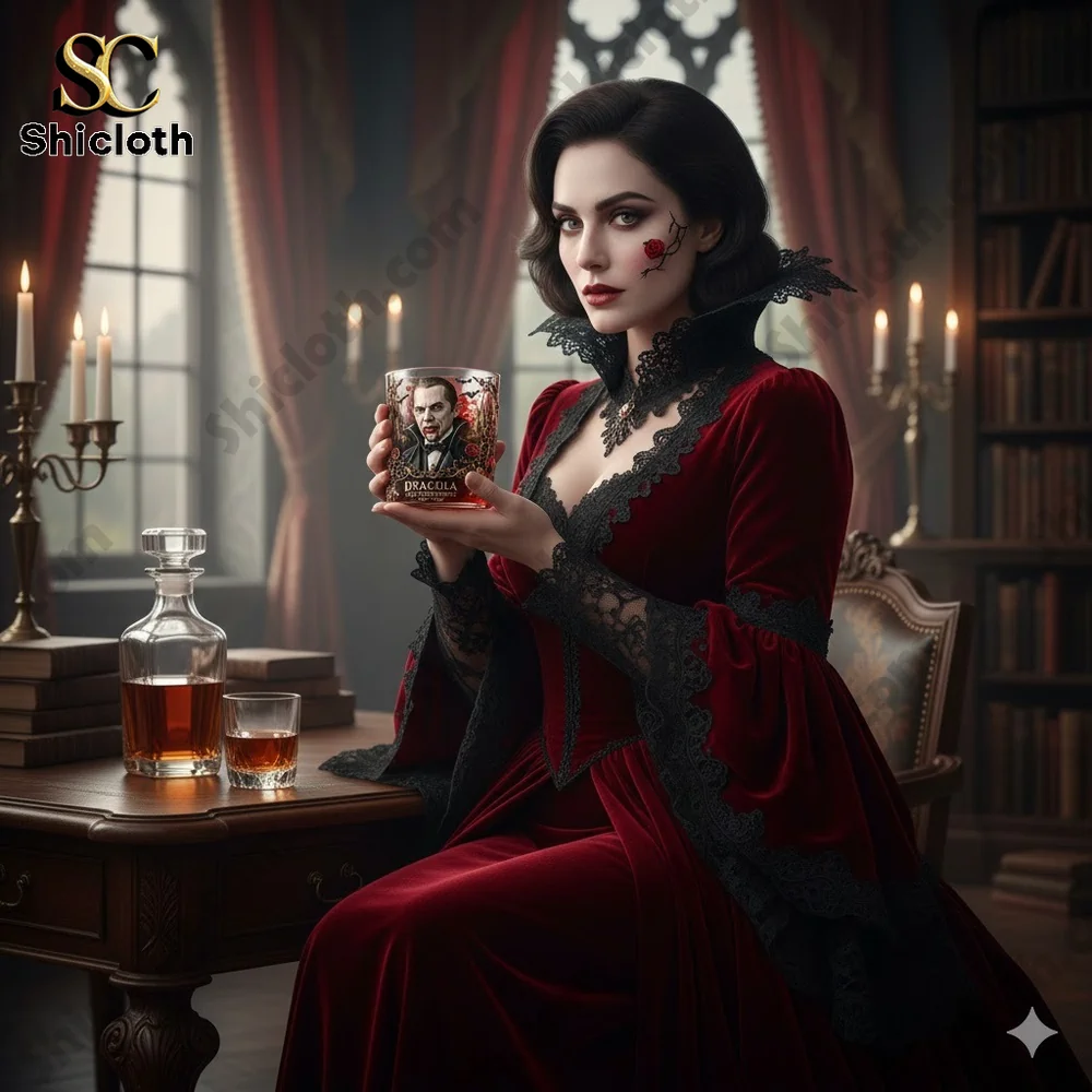 Gothic woman holding Dracula themed glass in vintage room!