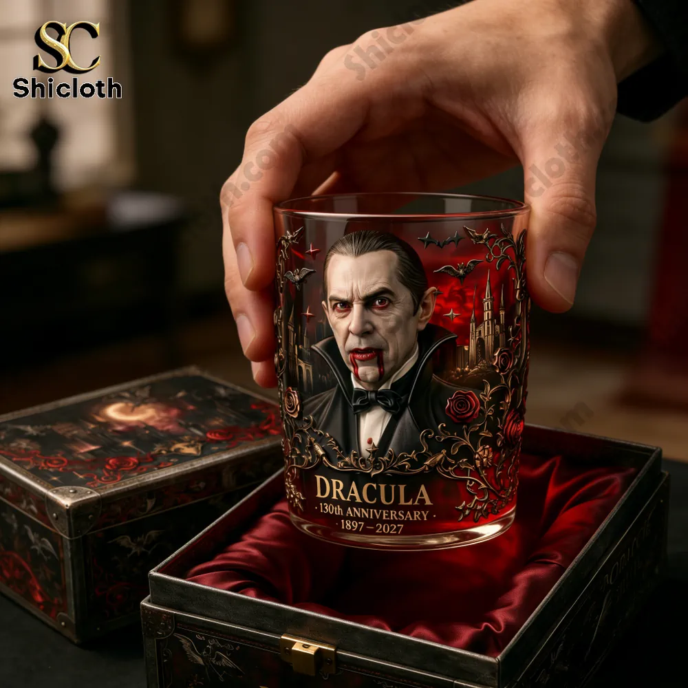 Hand holding Dracula anniversary glass in luxury box!