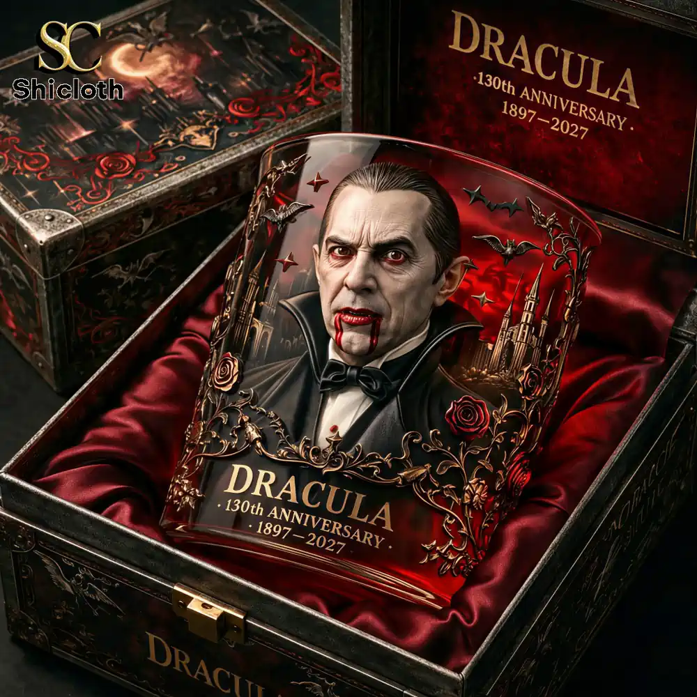 Dracula 130th Anniversary Gothic Whiskey Glass 3 Dracula glass resting in velvet presentation box!