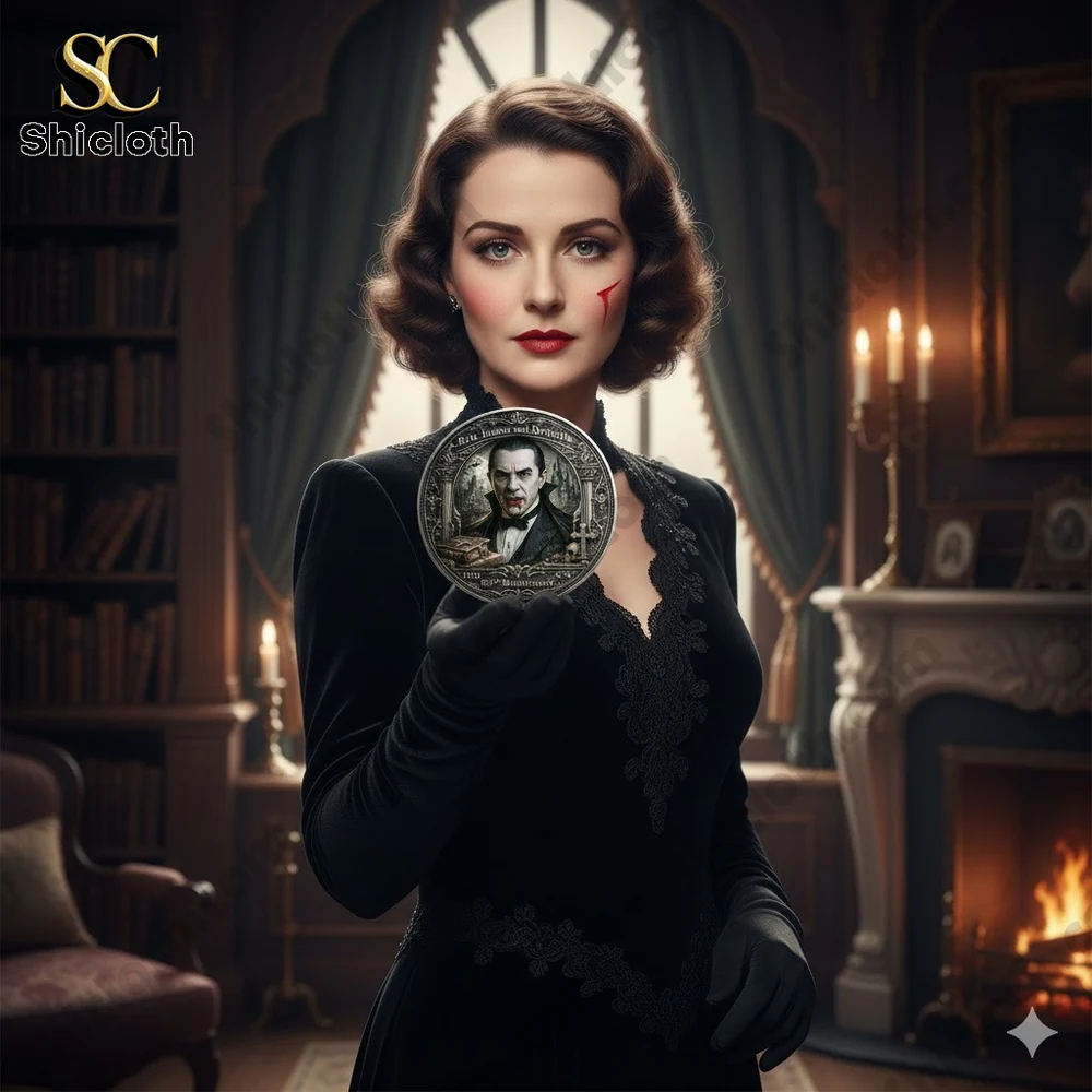 Gothic woman holding a classic horror commemorative coin.