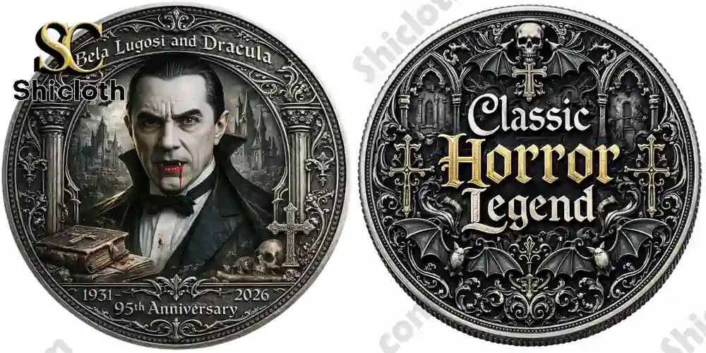 Dracula 95th Anniversary Collectible Coin 5 Front and back view of classic horror legend coin.