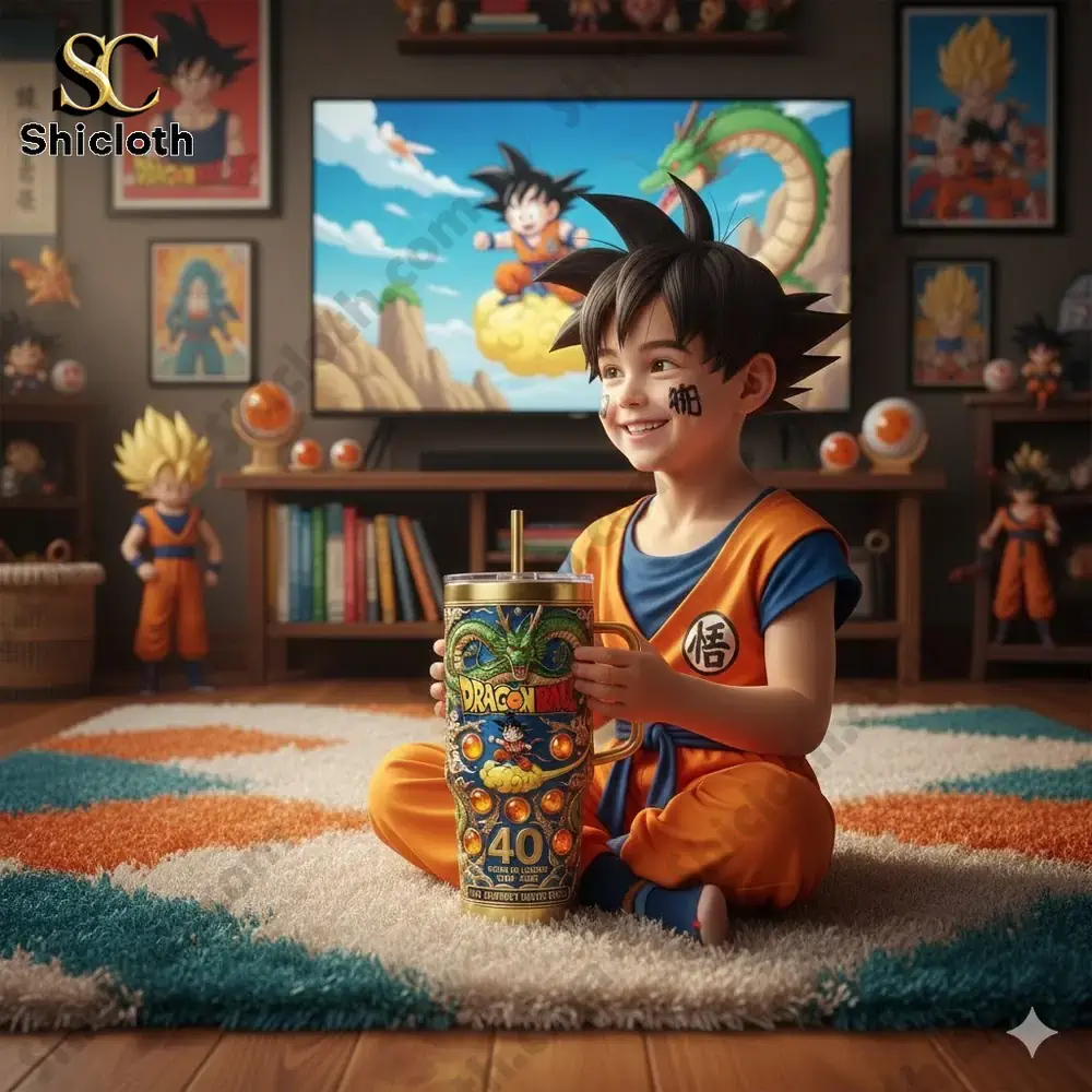 System Of A Down 2026 40oz Tumbler 56 A child in a Dragon Ball outfit holding a themed tumbler in an anime decorated room!