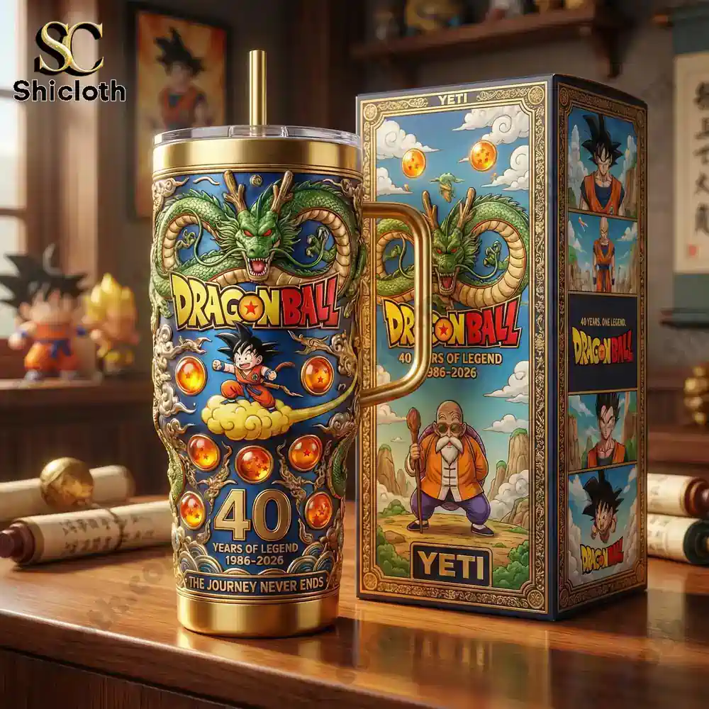 Dragon Ball anniversary tumbler with decorative box on a wooden table!