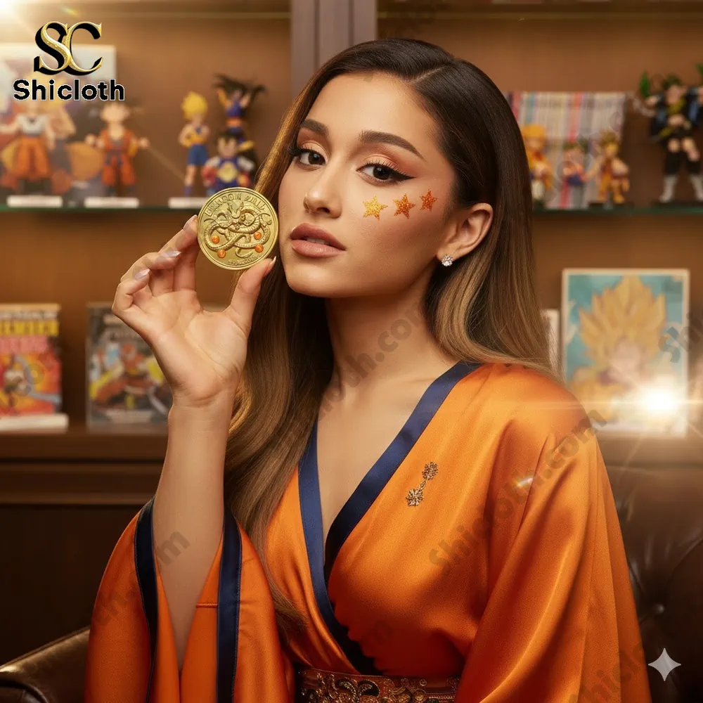 Woman holding Dragon Ball anniversary coin in themed display!