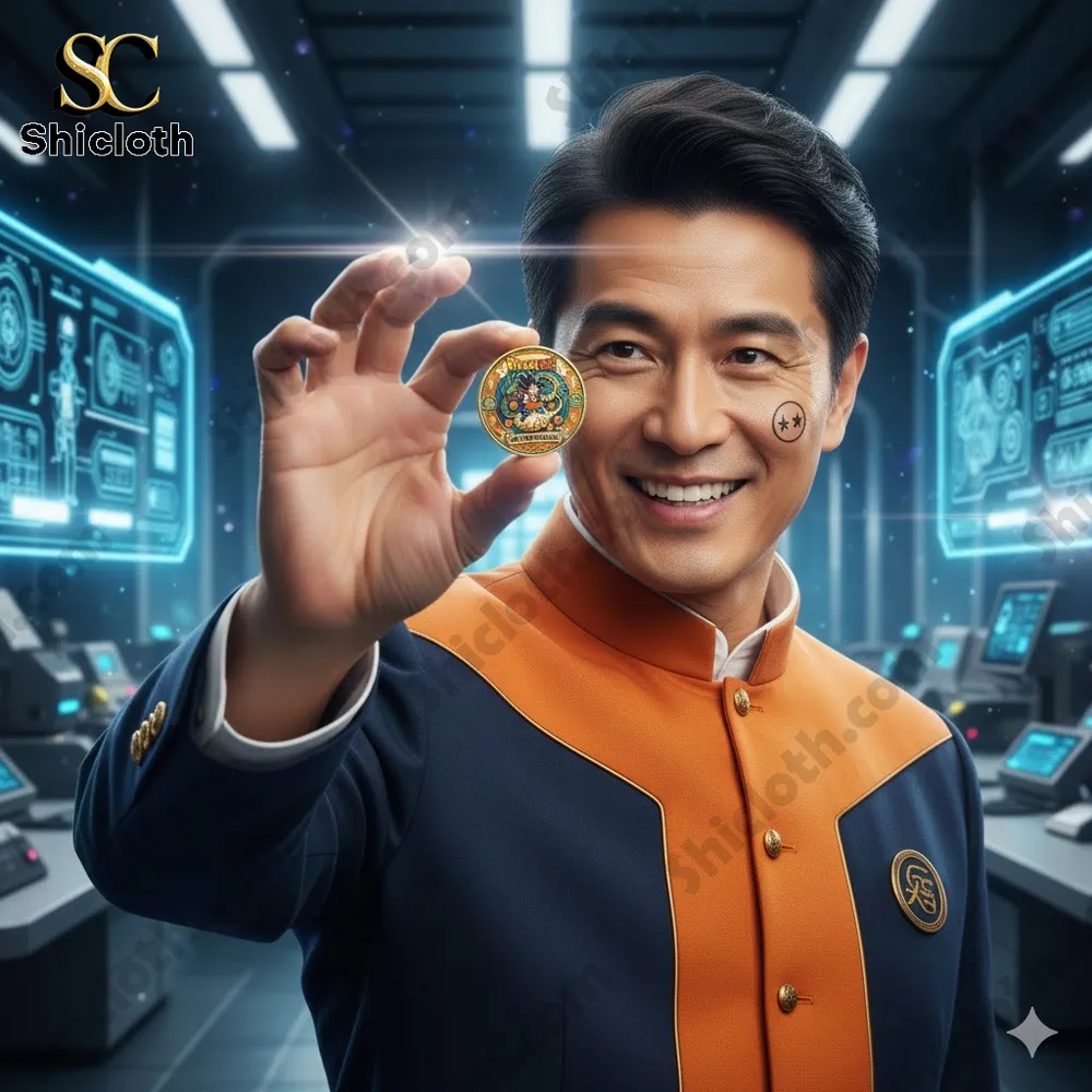 Man holding Dragon Ball anniversary coin in futuristic room!